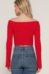 Red Long Flare Sleeve Off Shoulder Sweater