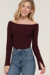 Maroon Long Flare Sleeve Off Shoulder Sweater