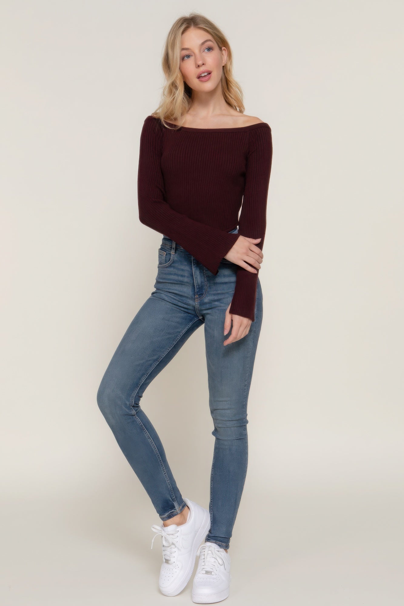 Maroon Long Flare Sleeve Off Shoulder Sweater