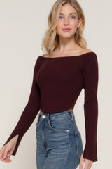 Maroon Long Flare Sleeve Off Shoulder Sweater