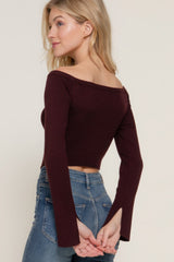 Maroon Long Flare Sleeve Off Shoulder Sweater