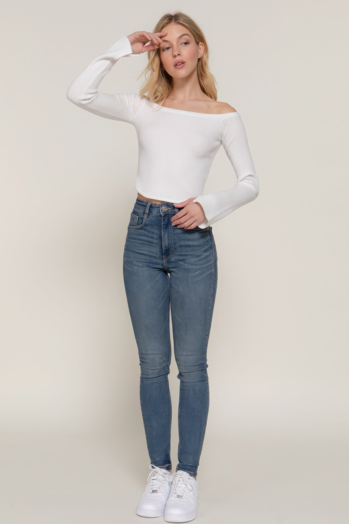 White Long Flare Sleeve Off Shoulder Sweater