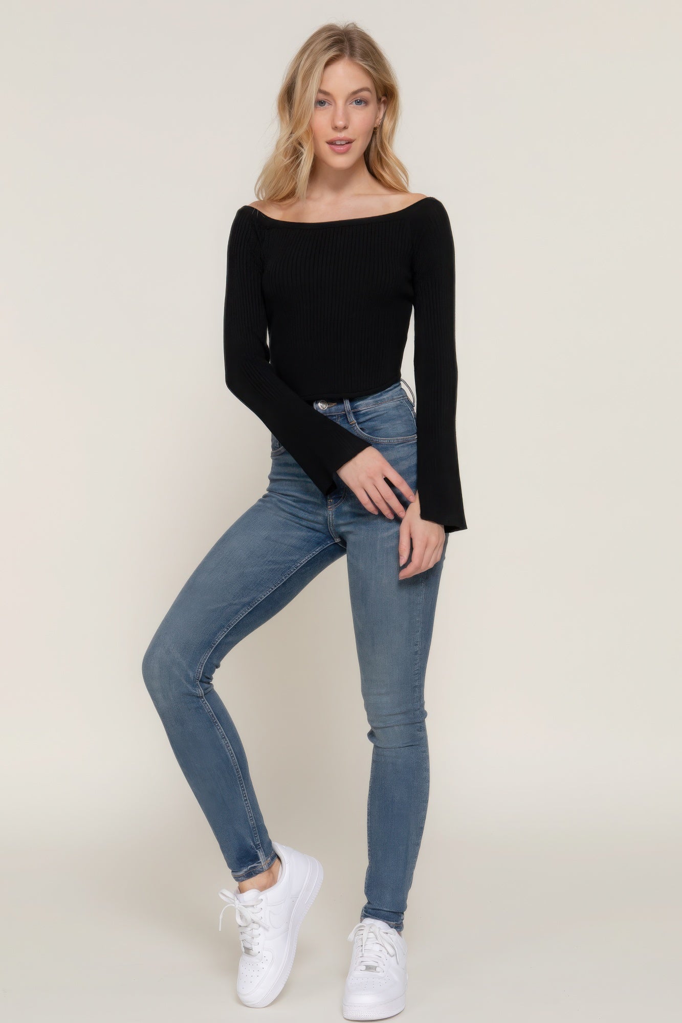 Black Long Flare Sleeve Off Shoulder Sweater