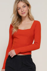 Pumpkin Long Sleeve Sweetheart Neck Seam Detail Knit Top