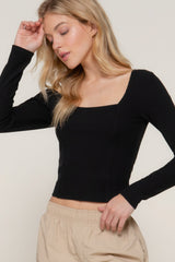 Black Long Sleeve Sweetheart Neck Seam Detail Knit Top