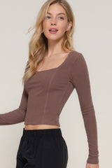 Brown Long Sleeve Sweetheart Neck Seam Detail Knit Top