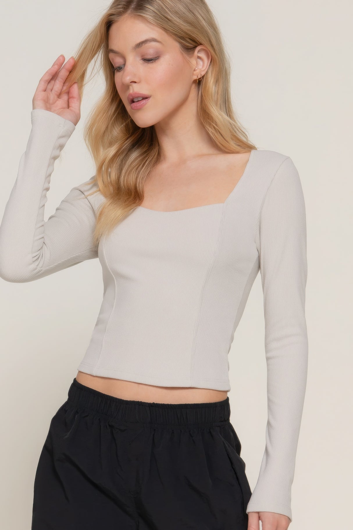 Silver Long Sleeve Sweetheart Neck Seam Detail Knit Top