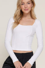 White Long Sleeve Sweetheart Neck Seam Detail Knit Top