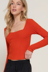 Pumpkin Long Sleeve Sweetheart Neck Seam Detail Knit Top