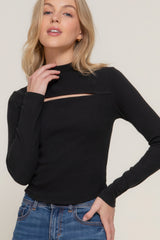 Black Long Sleeve Mock Neck Keyhole Rib Knit Top