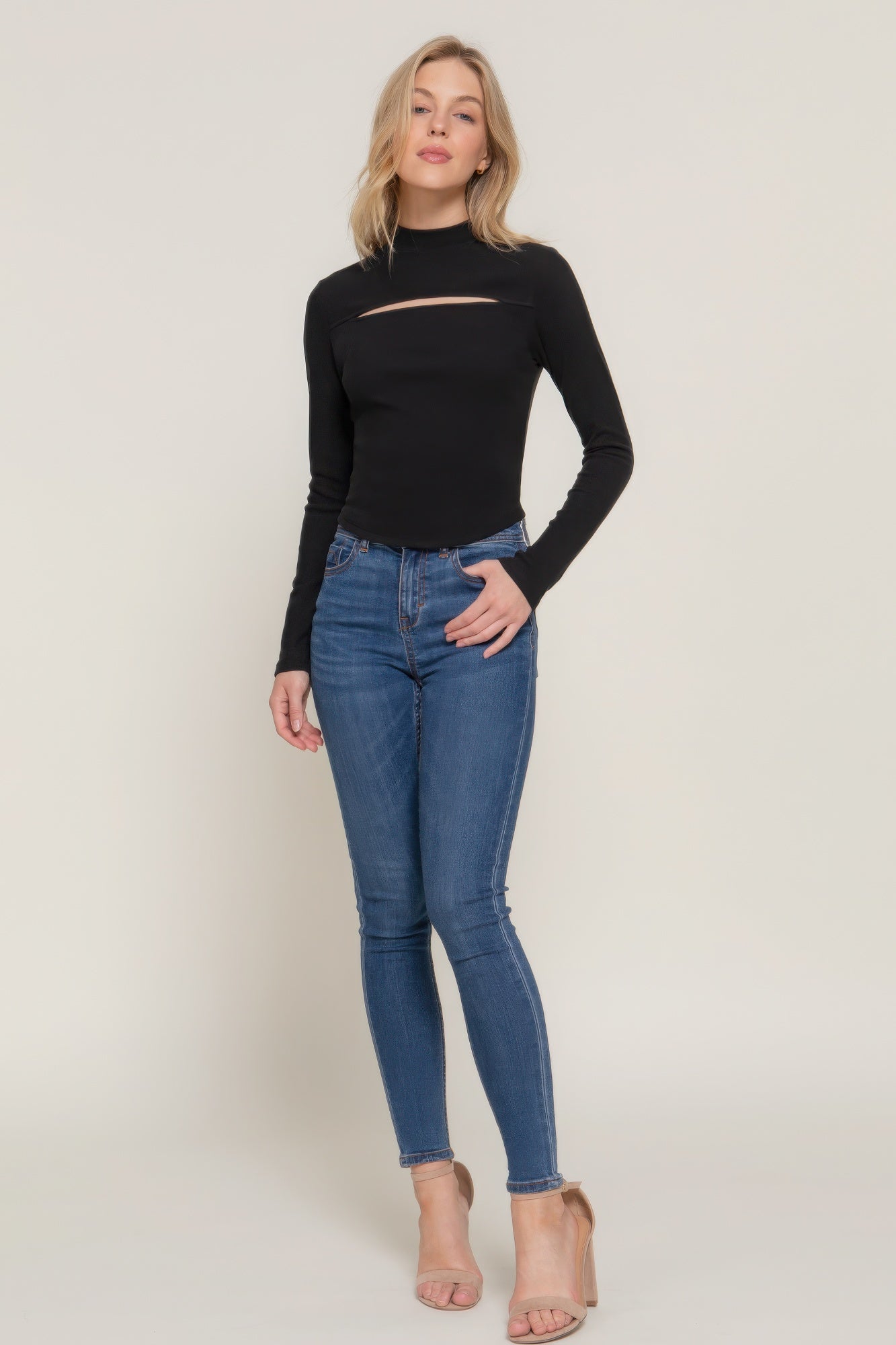 Black Long Sleeve Mock Neck Keyhole Rib Knit Top