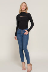 Black Long Sleeve Mock Neck Keyhole Rib Knit Top