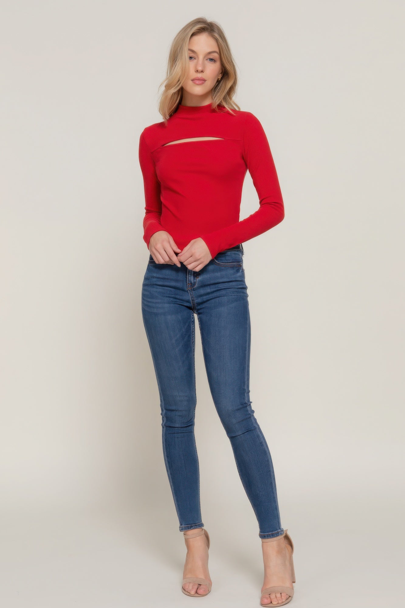 Red Long Sleeve Mock Neck Keyhole Rib Knit Top