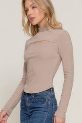 Mushroom Long Sleeve Mock Neck Keyhole Rib Knit Top