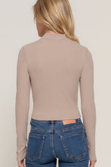 Mushroom Long Sleeve Mock Neck Keyhole Rib Knit Top