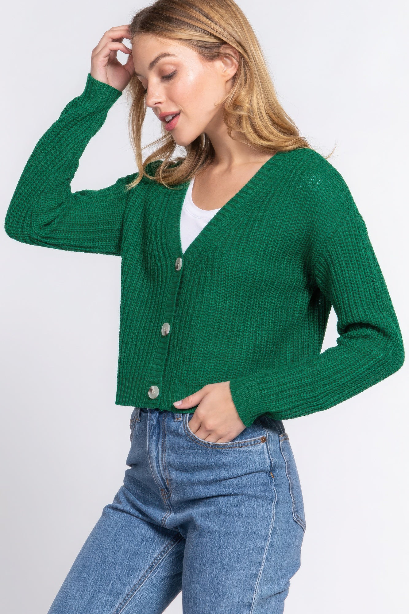 Green Long Sleeve V-Neck Sweater Cardigan