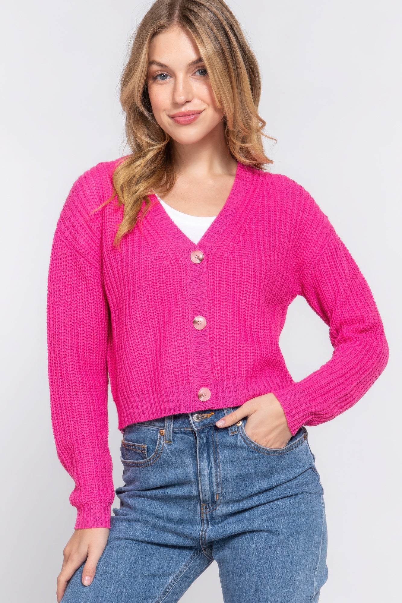 Hot Pink Long Sleeve V-Neck Sweater Cardigan