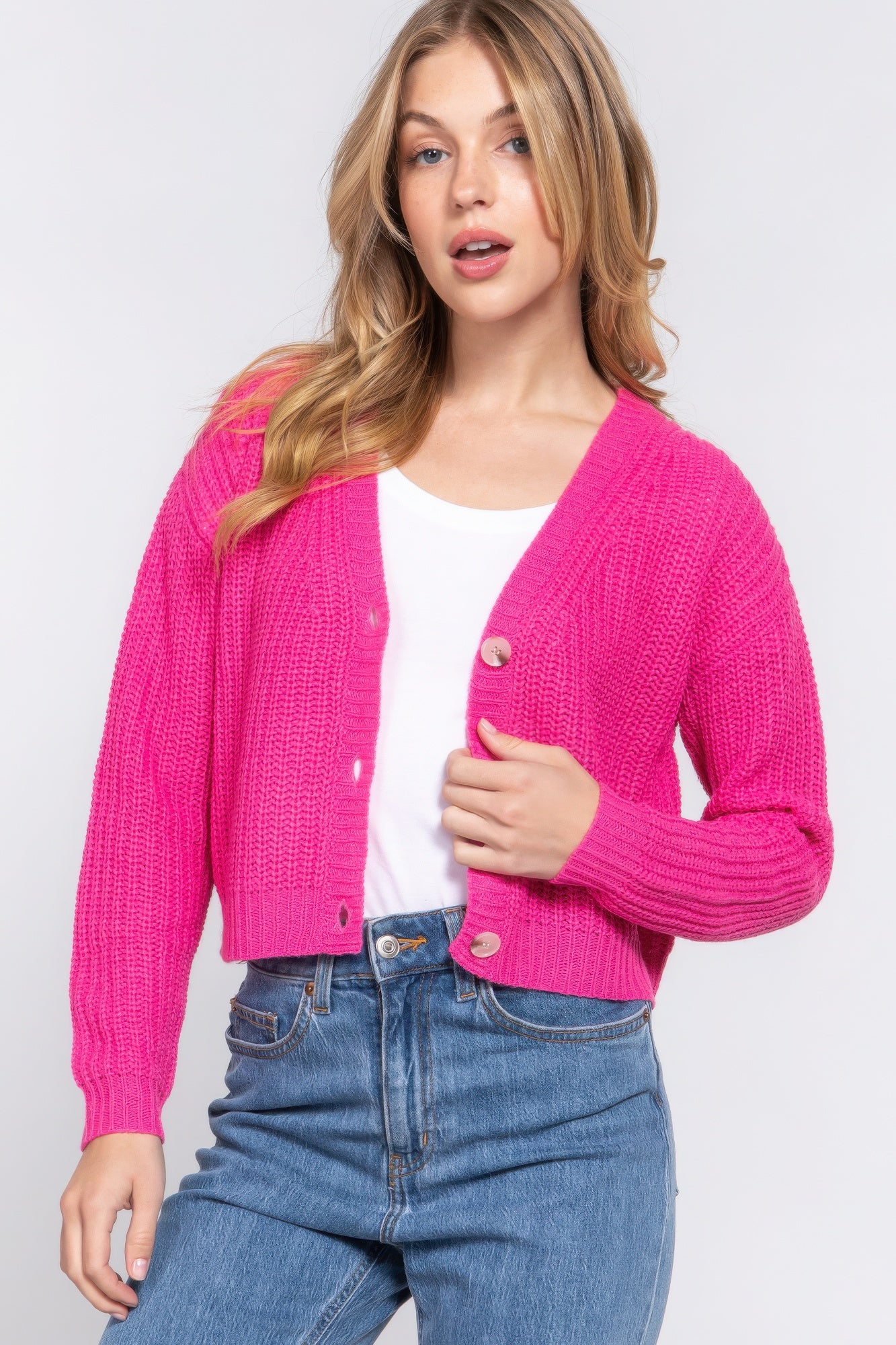 Hot Pink Long Sleeve V-Neck Sweater Cardigan