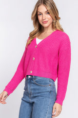 Hot Pink Long Sleeve V-Neck Sweater Cardigan