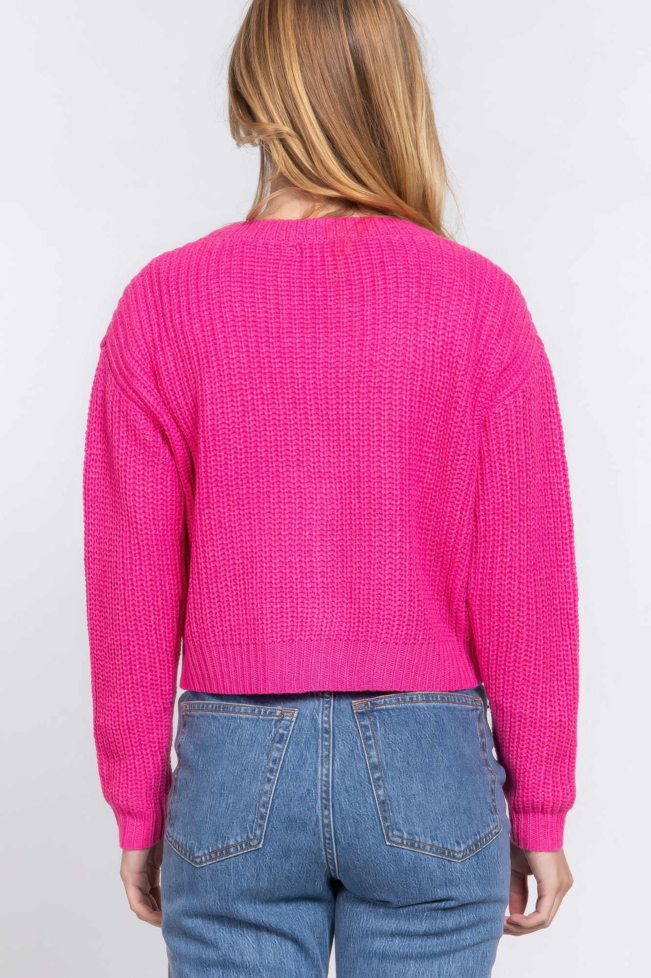 Hot Pink Long Sleeve V-Neck Sweater Cardigan