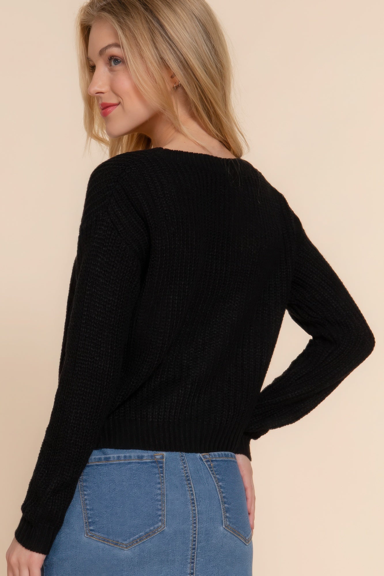 Black Long Sleeve V-Neck Sweater Cardigan