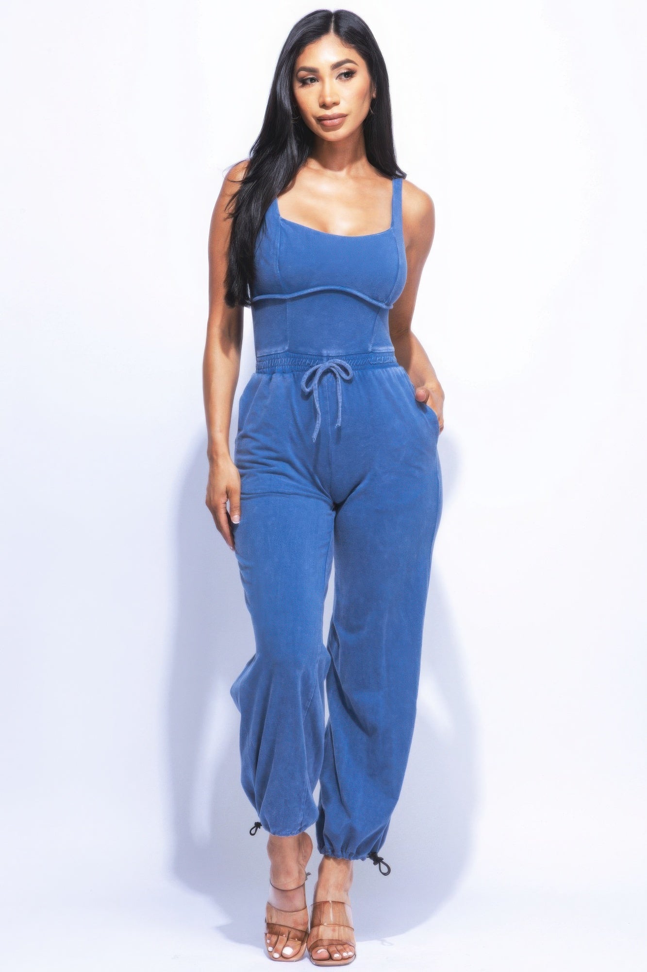 Denim Blue Washed Jumpsuit With Adjustable Ankle