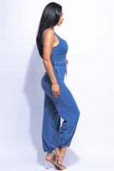 Denim Blue Washed Jumpsuit With Adjustable Ankle