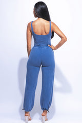 Denim Blue Washed Jumpsuit With Adjustable Ankle