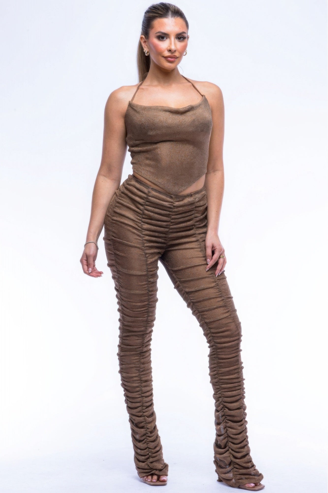 Bronze Halter Top Ruched Pants Set