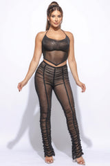 Black Halter Top Ruched Pants Set