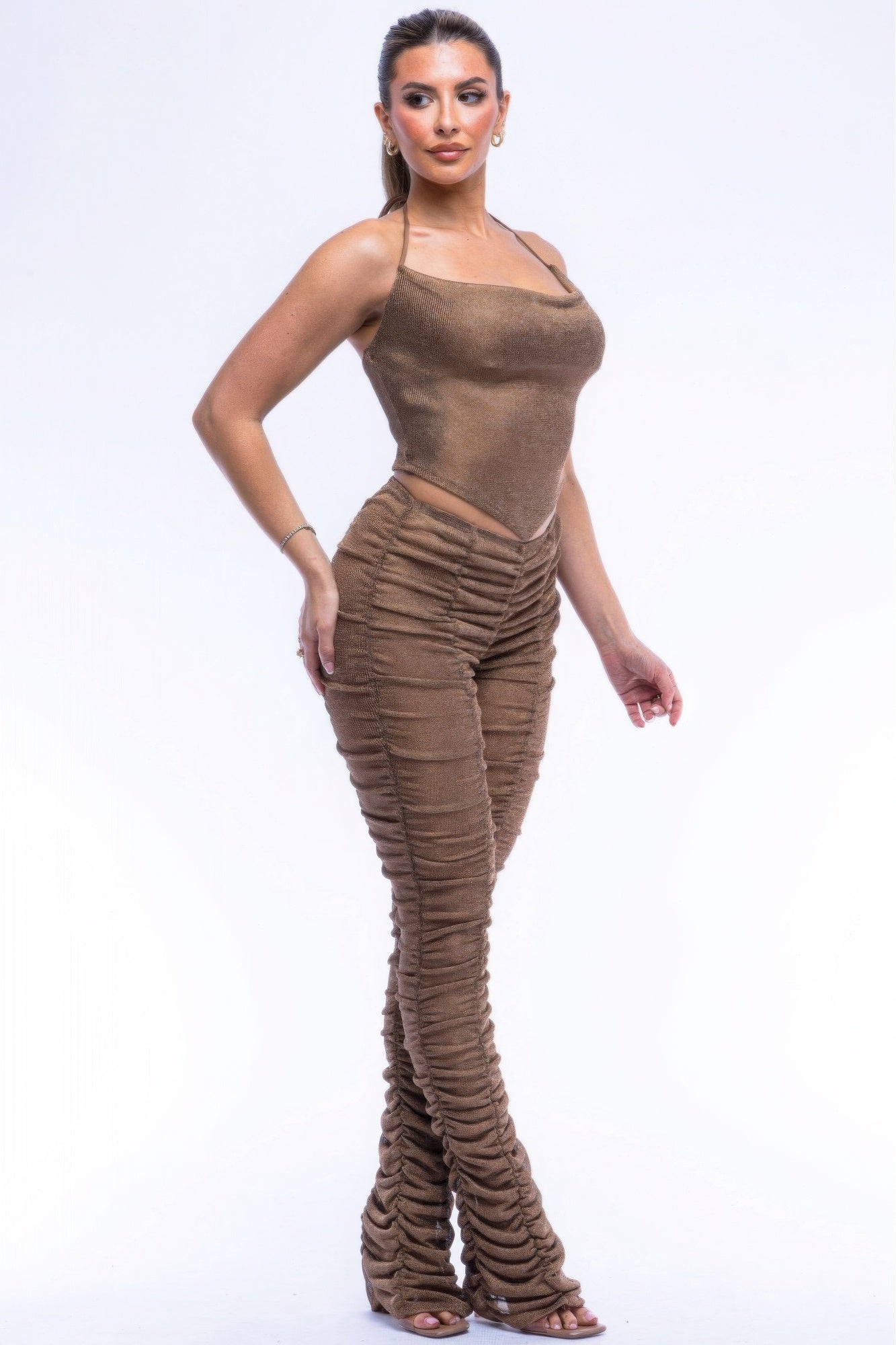 Bronze Halter Top Ruched Pants Set