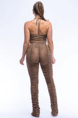 Bronze Halter Top Ruched Pants Set