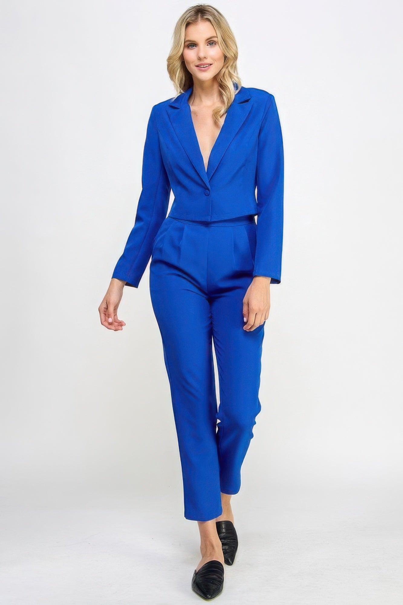 Blue Single Button Crop Blazer With Tailored Pants Set