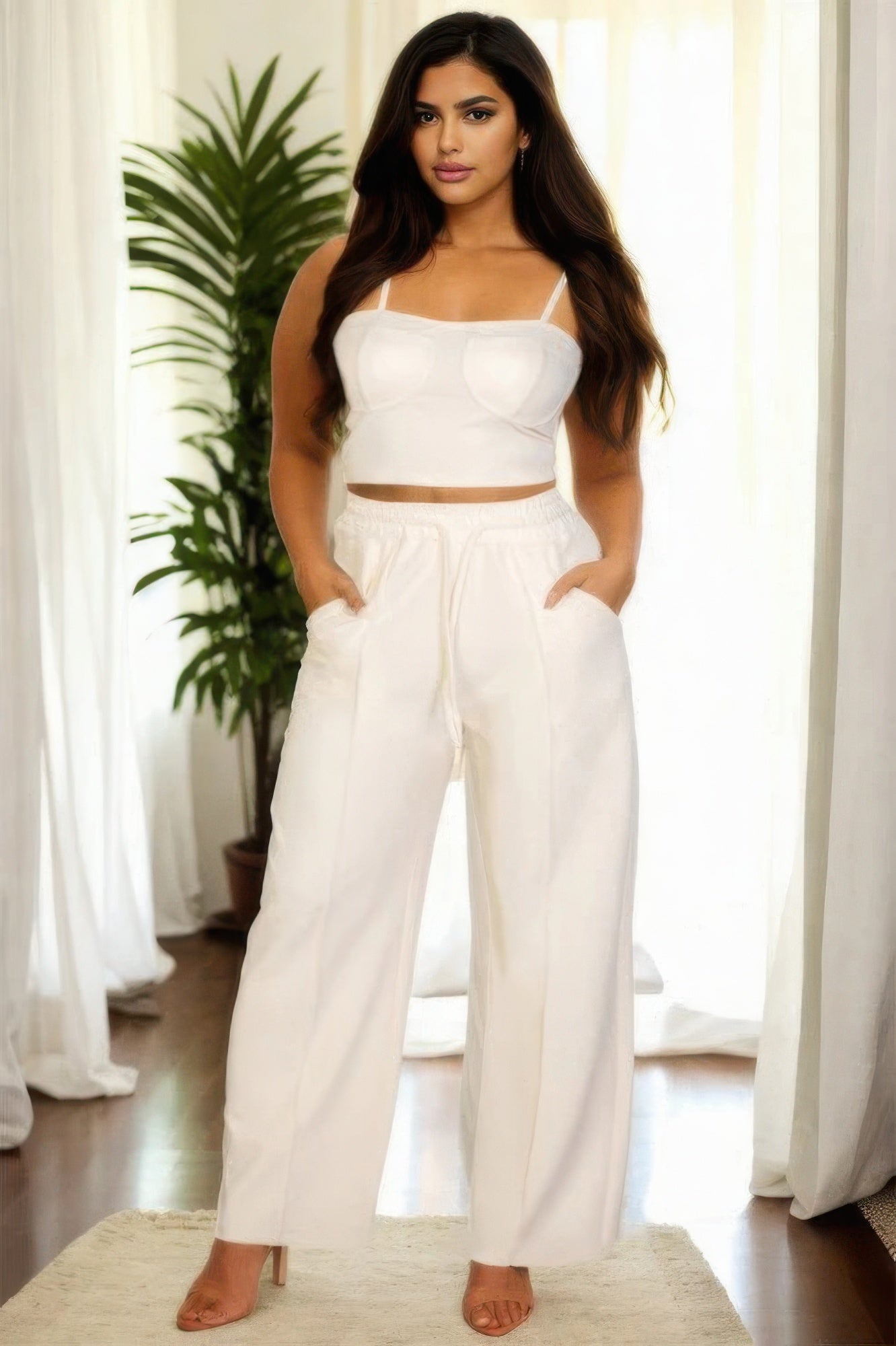 Plus White Bustier Crop Cami Top & Slant Pocket Straight Pants