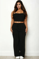 Plus Black Bustier Crop Cami Top & Slant Pocket Straight Pants