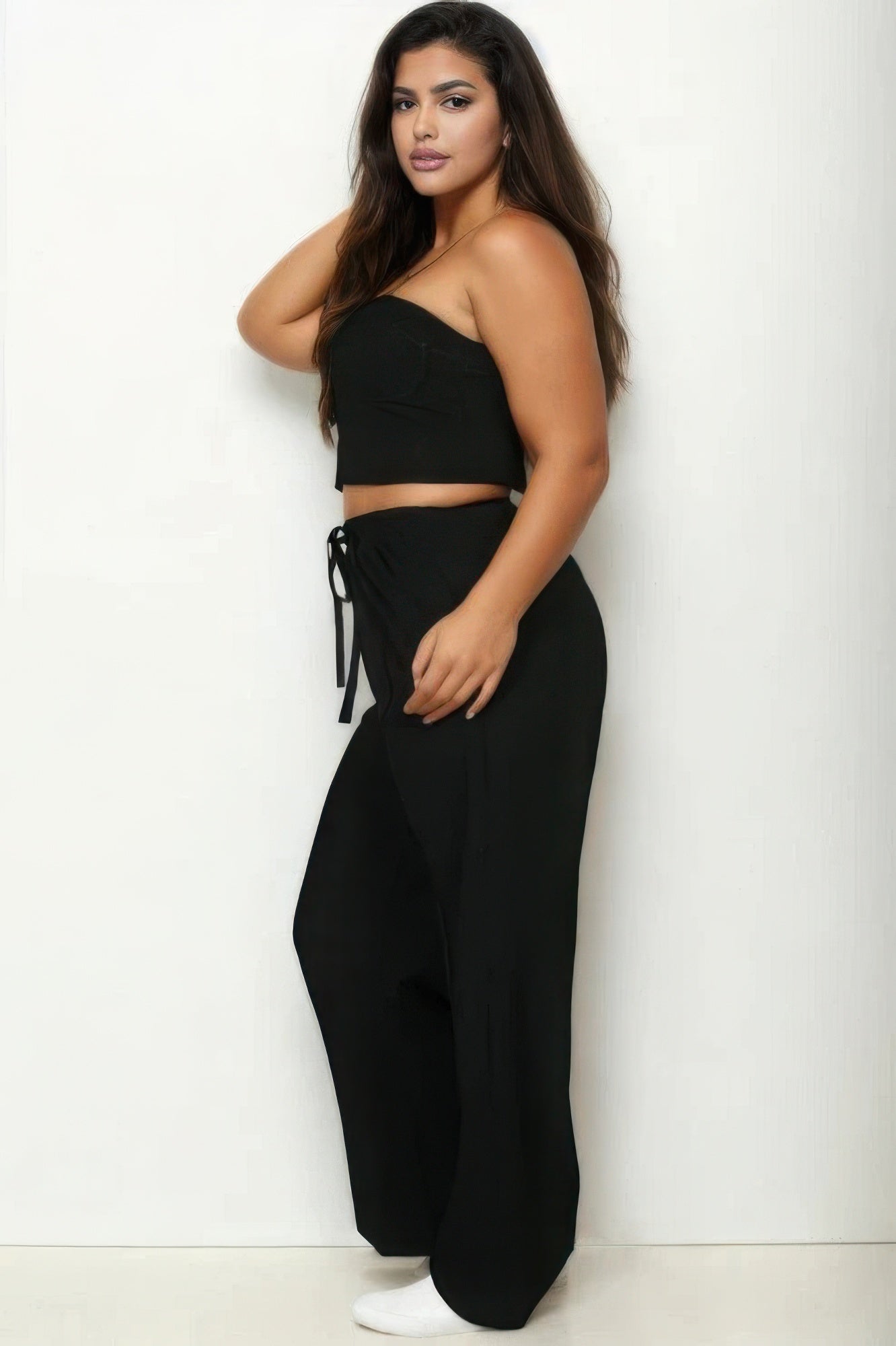 Plus Black Bustier Crop Cami Top & Slant Pocket Straight Pants