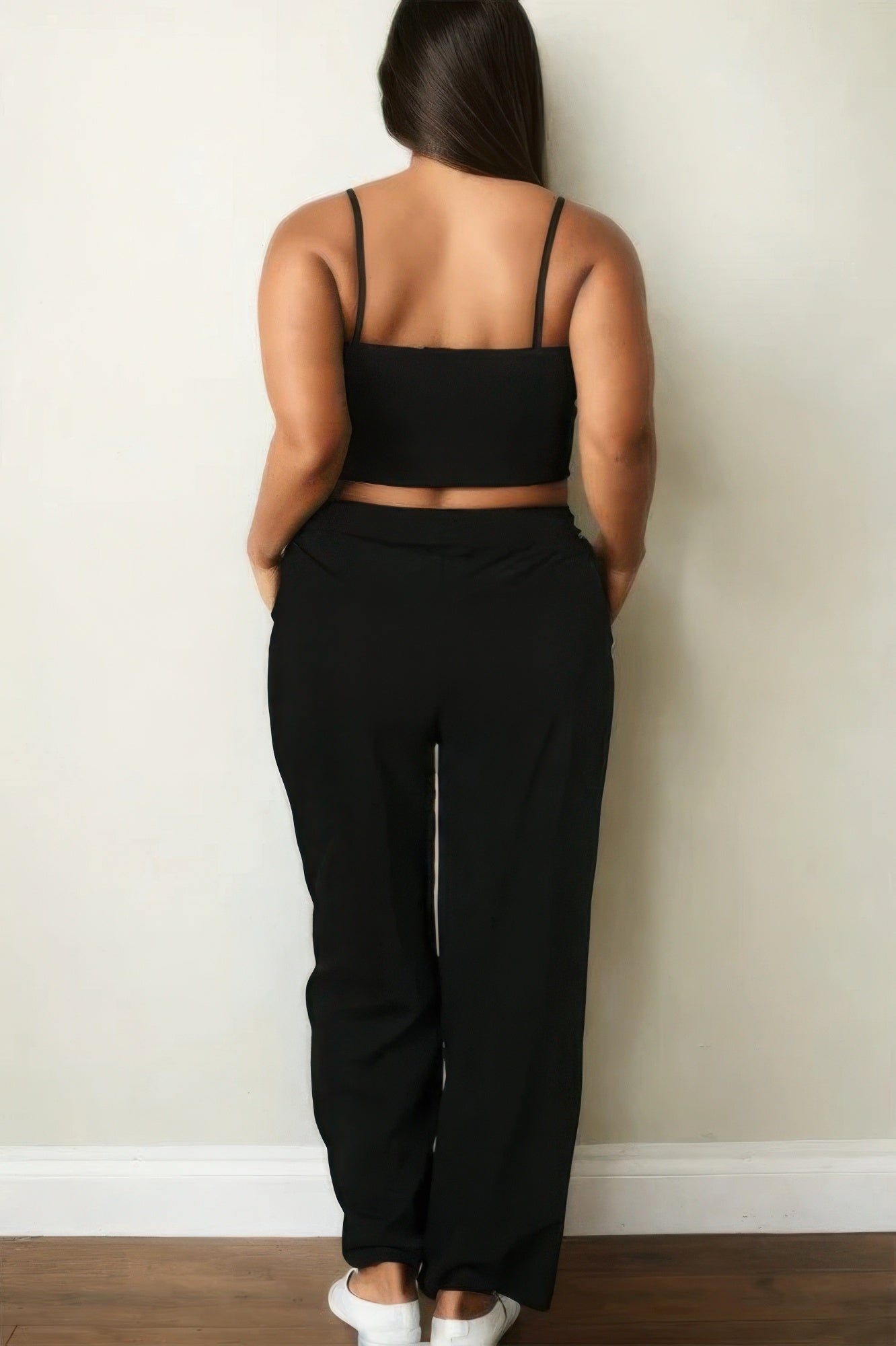 Plus Black Bustier Crop Cami Top & Slant Pocket Straight Pants