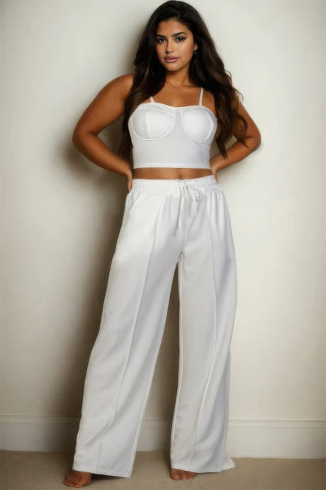 Plus White Bustier Crop Cami Top & Slant Pocket Straight Pants