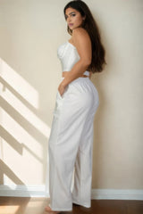 Plus White Bustier Crop Cami Top & Slant Pocket Straight Pants