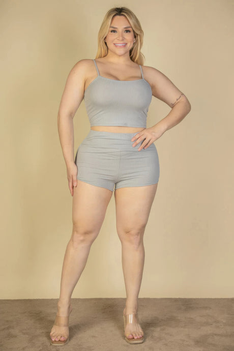 Plus Size Ribbed Cami Crop Top & Ruched Shorts Set