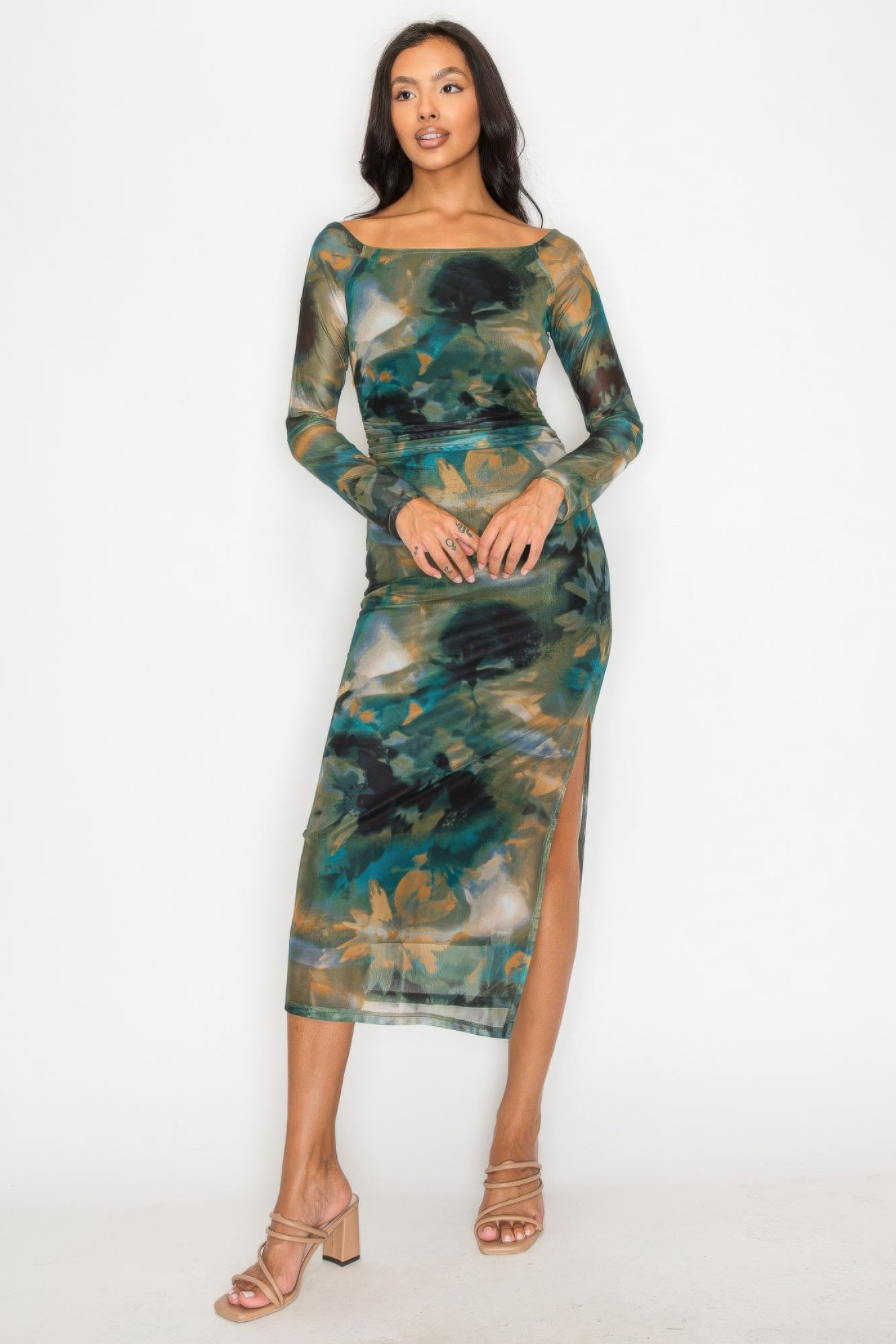 Jade Slit Off-shoulder Mesh Printed Dress