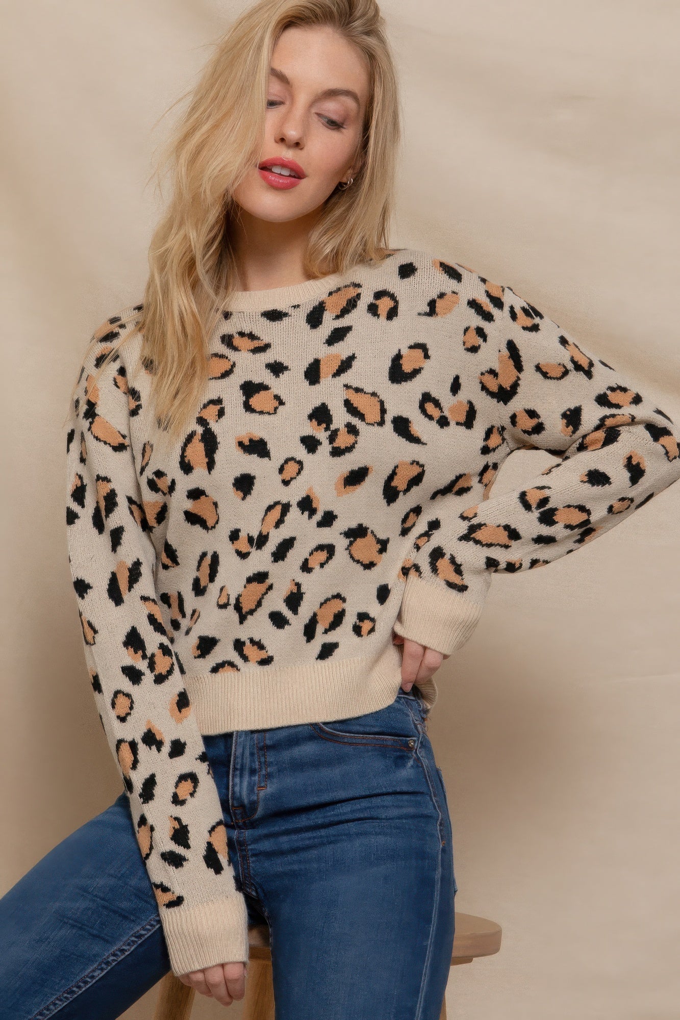 Beige Long Sleeve Animal Jacquard Sweater