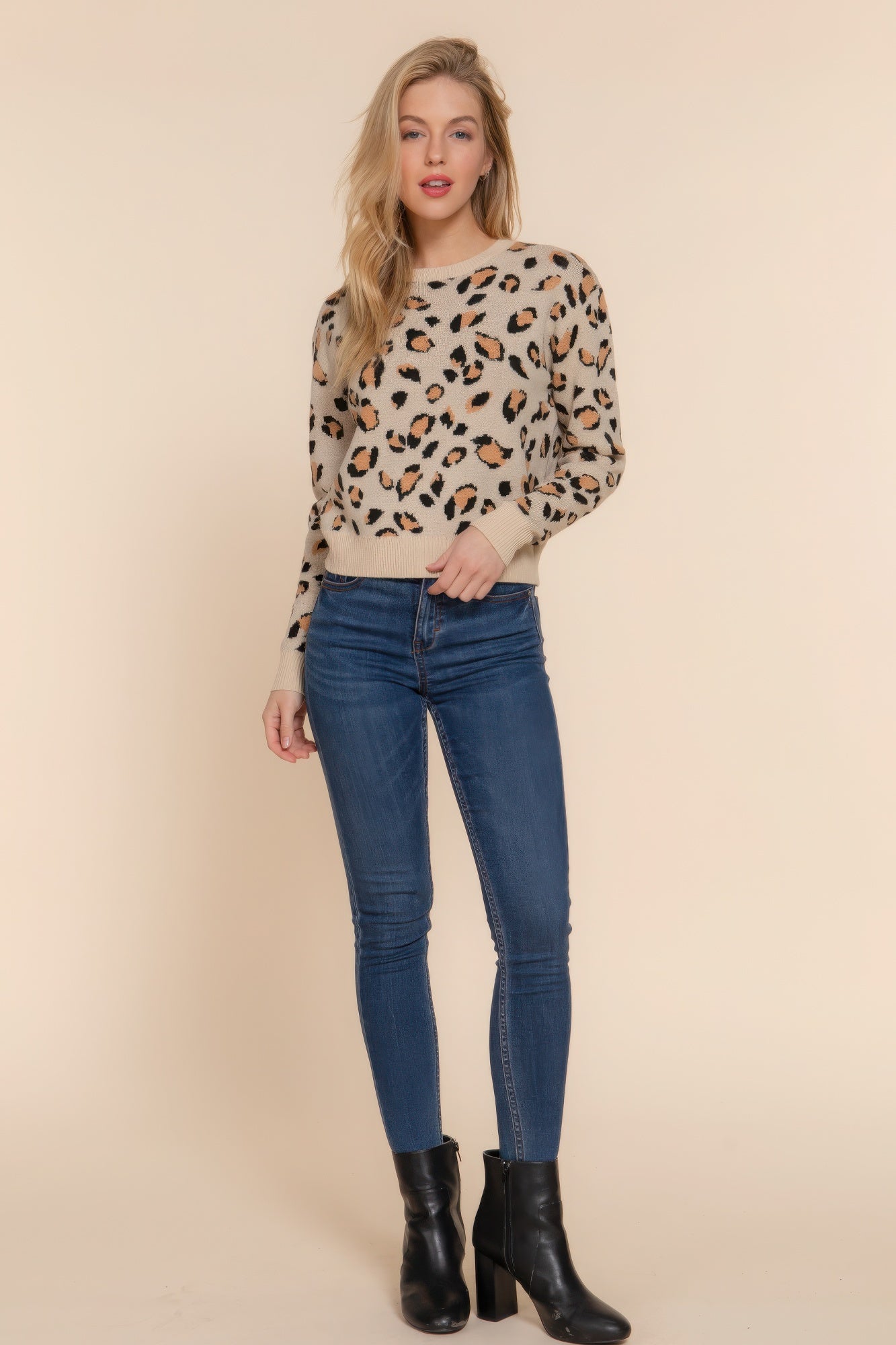 Beige Long Sleeve Animal Jacquard Sweater