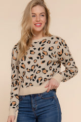 Beige Long Sleeve Animal Jacquard Sweater