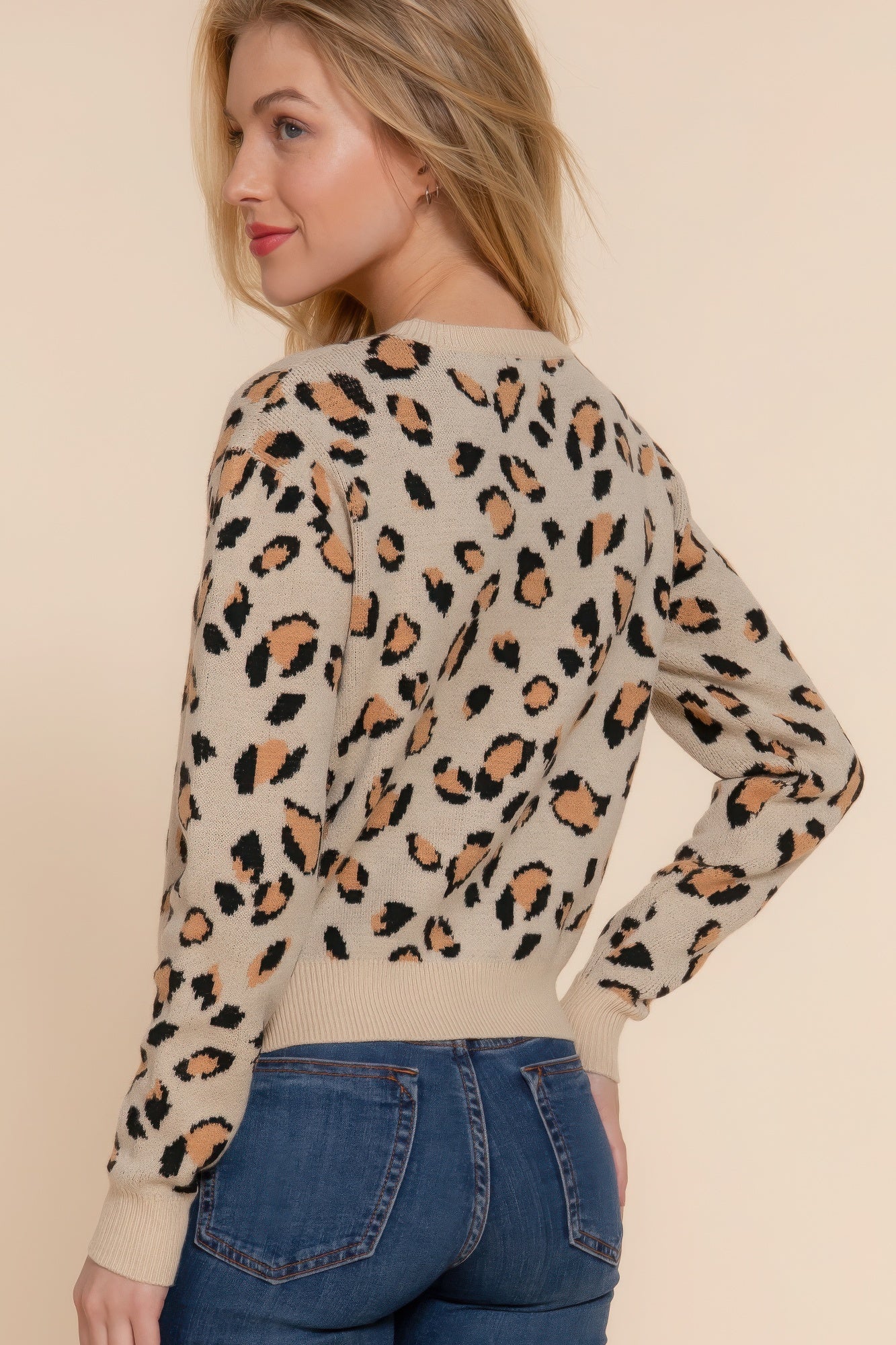 Beige Long Sleeve Animal Jacquard Sweater