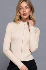 Beige Long Sleeve Two Way Open Zipper Sweater