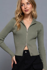 Light Olive Long Sleeve Two Way Open Zipper Sweater