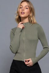 Light Olive Long Sleeve Two Way Open Zipper Sweater