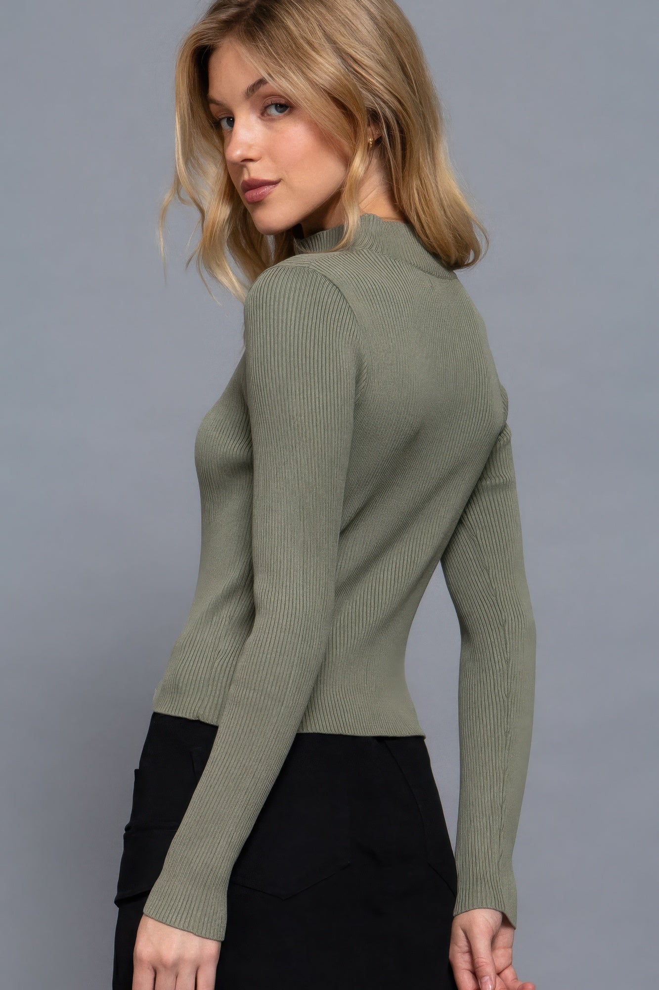 Light Olive Long Sleeve Two Way Open Zipper Sweater