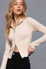 Beige Long Sleeve Two Way Open Zipper Sweater